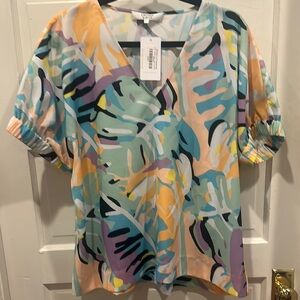 CROSBY by Mollie Burch Relaxed  Short Sleeve Blouse in Blue and Green